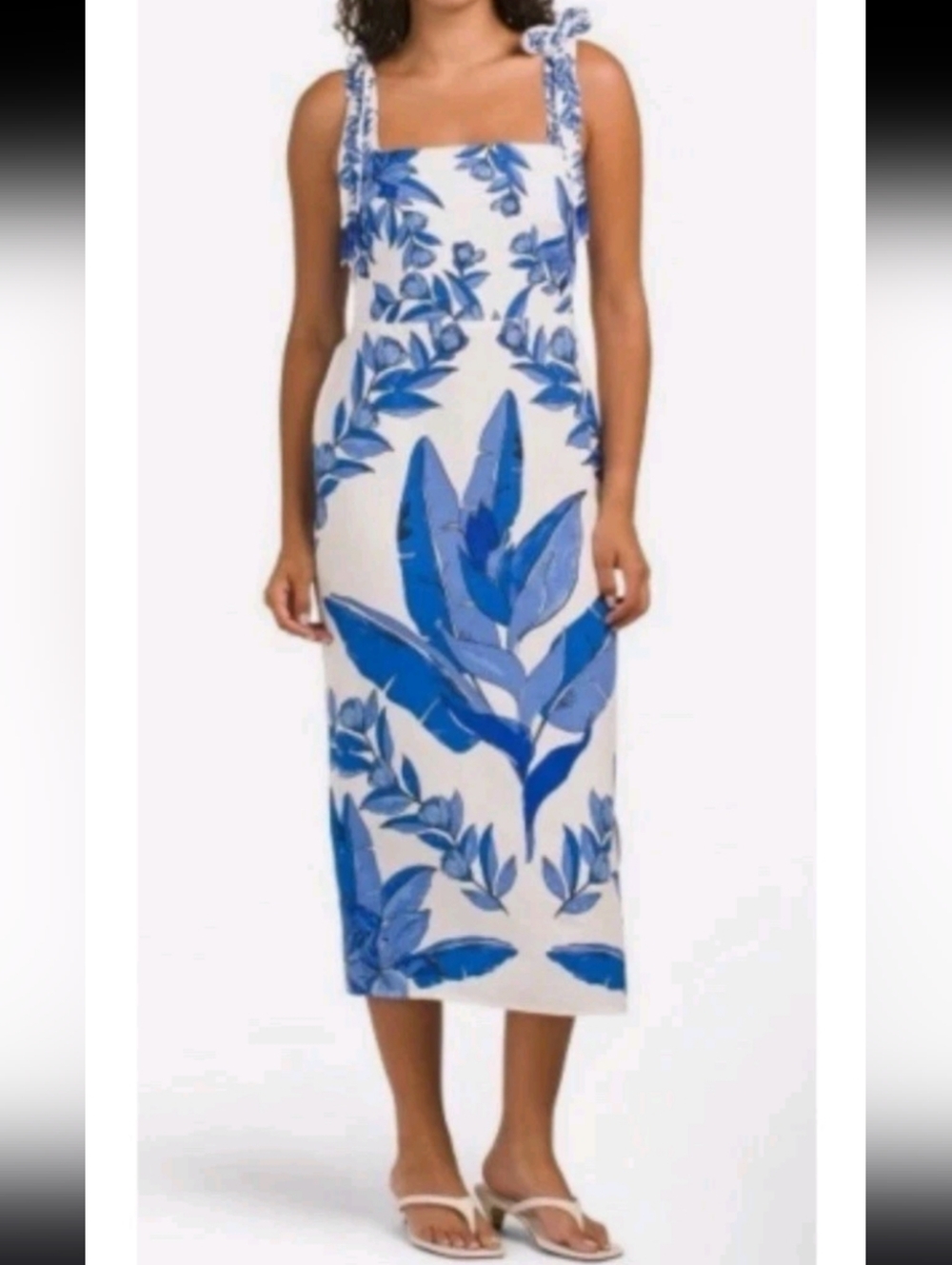 Calypso St. Barth White Midi Dress with Blue Botanical Print